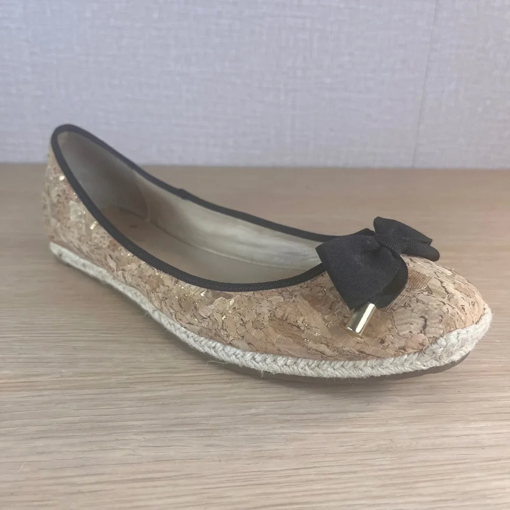 Kate Spade New York Cork Gold Fleck Espadrille Bow Ballet Flats Tan Black 9M